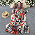 Vacation-style purple floral print dress for women, spring long-sleeved high-waisted a-line dress with a cinched waist and ruffle hem maxi skirt