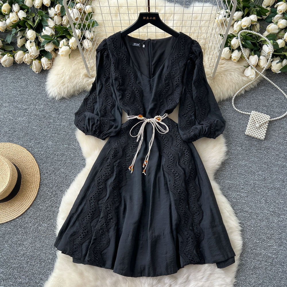 Frenchretrocut outlacepatchwork lantern sleeve slimming lookdress women's waist elegantv neckelegance midi skirt