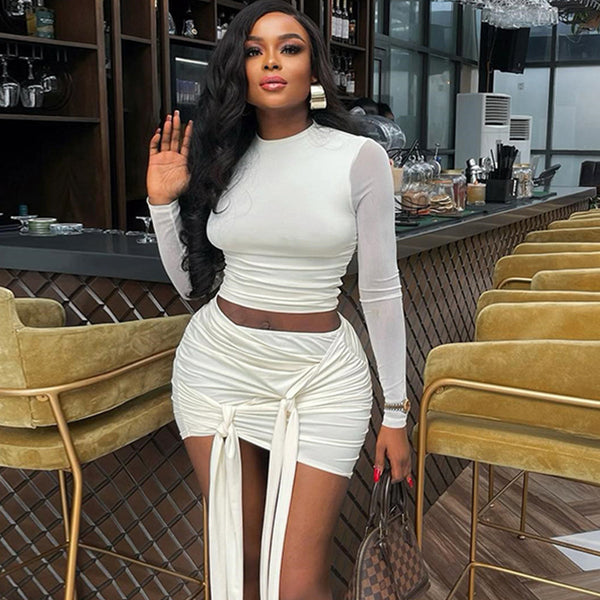 European and American ins  women's solid color skirt set round neck mesh stitching open button top streamer skirt suits