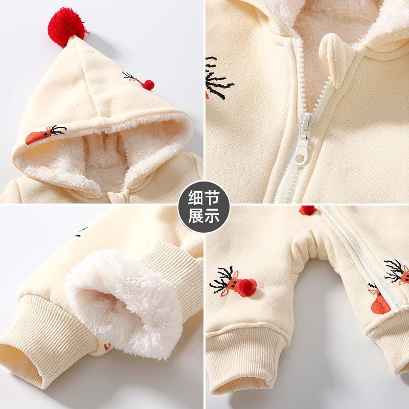 Baby fall and winter clothes jumpsuit fleece-lined men's and women's baby long sleevesheattech zipper shirt romper hooded christmas deer