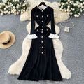 French chic color block crew neck flared sleeve single-breasted cinched waist knit dress - women's autumn slim-fit sweater dress