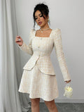 fall/winter women's fashion: european & american style - elegant plaid blazer & high-waisted dress set