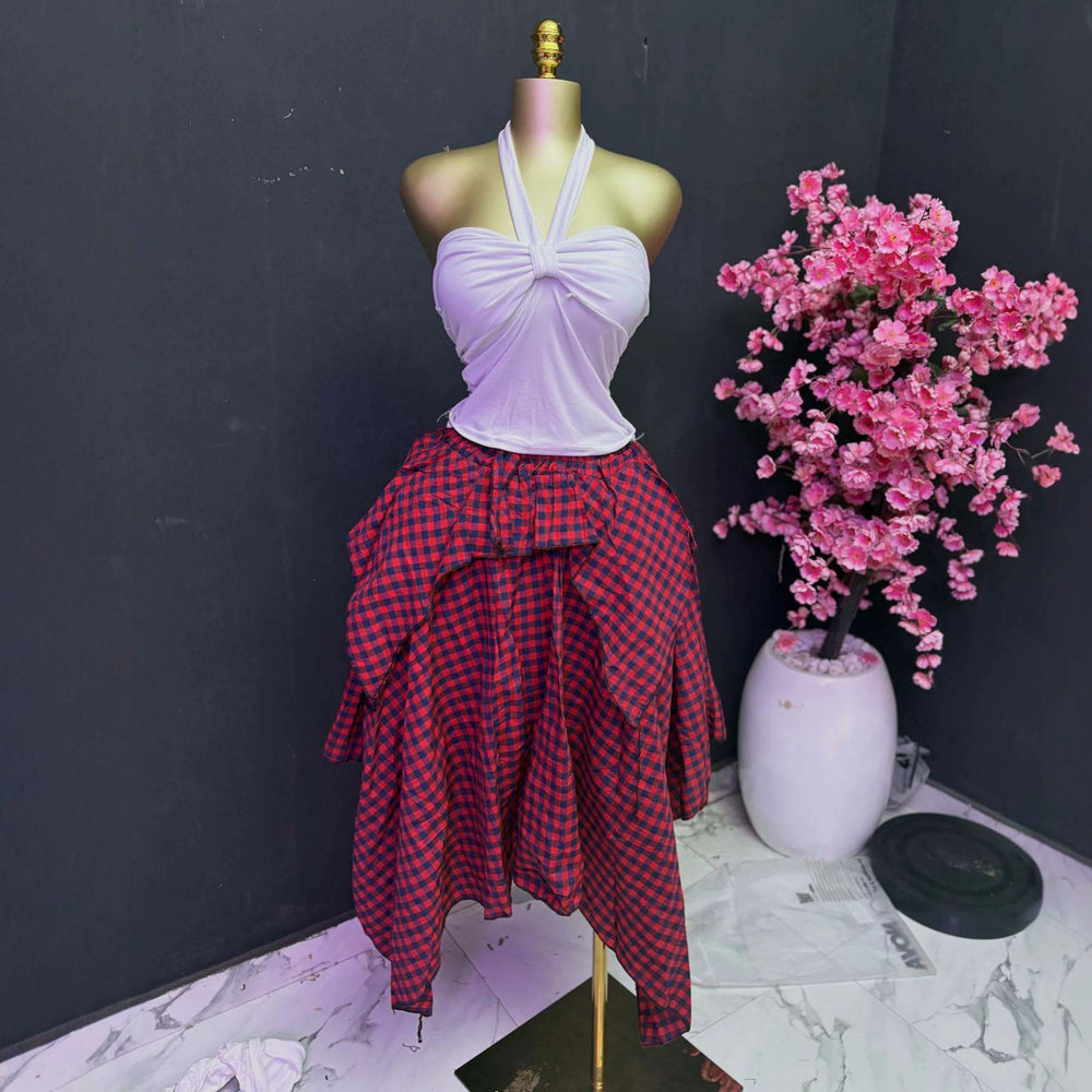 European and american cross-border women's fashion:  summer new arrivals - high-waisted, asymmetrical, mid-length plaid a-line skirt