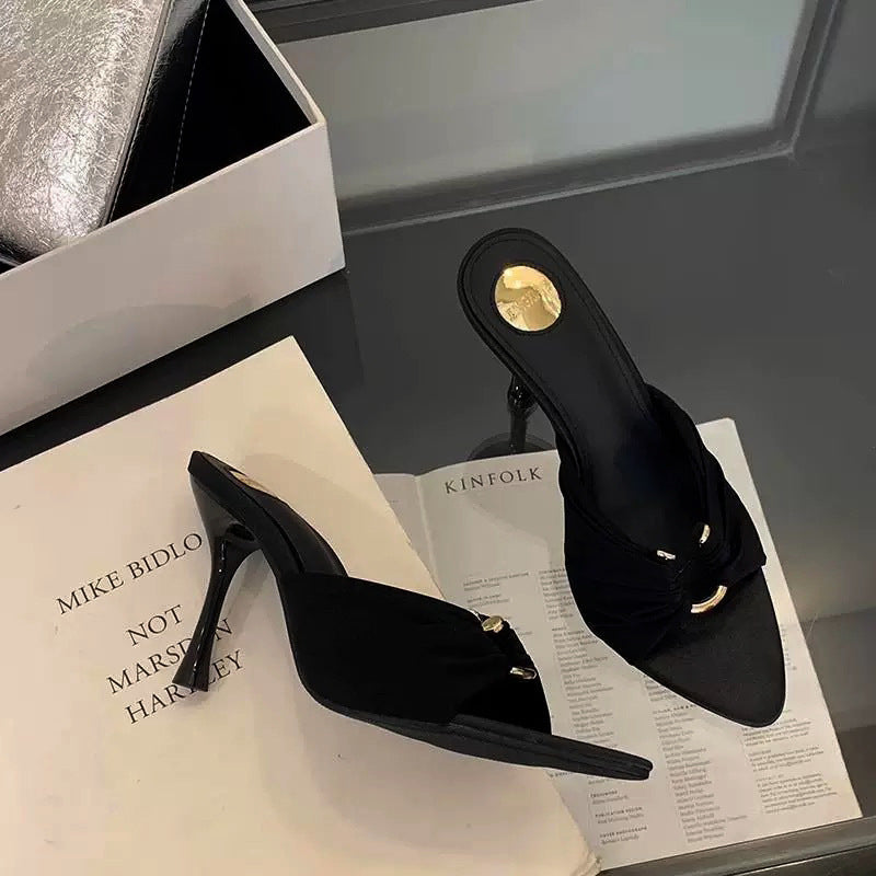 2025 summer new pointed-toe high heel stiletto brown mules & slides - women's sexy, versatile open-toe sandals for outdoor wear
