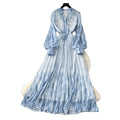 French romantic lantern sleeve printed dress - women's summer a-line maxi dress with cinched waist and tie detail - high-end and elegant