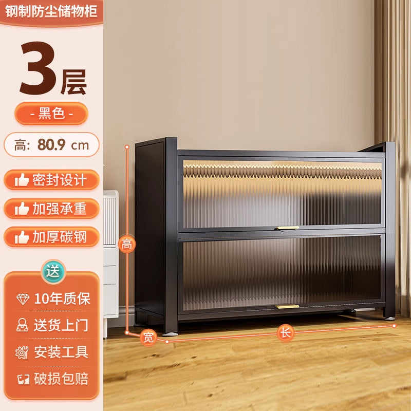 Multifunctional kitchen storage rack with cabinet doors, floor-standing, multi-tier, dustproof storage cabinet for microwave, pots, pans, and bowls