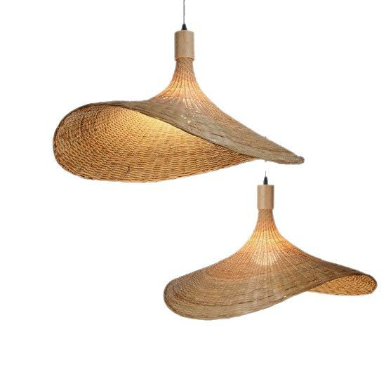 Cross-border Bamboo Chandelier New Chinese Tea Room Rattan Art South East Asia Japanese Lighting Straw Hat Light Tea House Antique Lampshade