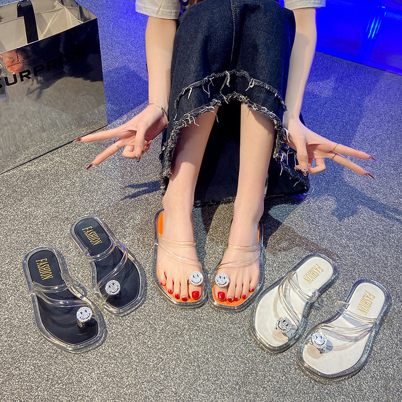 European and american fashion rhinestone smiley face flip-flops, transparent beach sandals, slimming summer outerwear, versatile casual slides