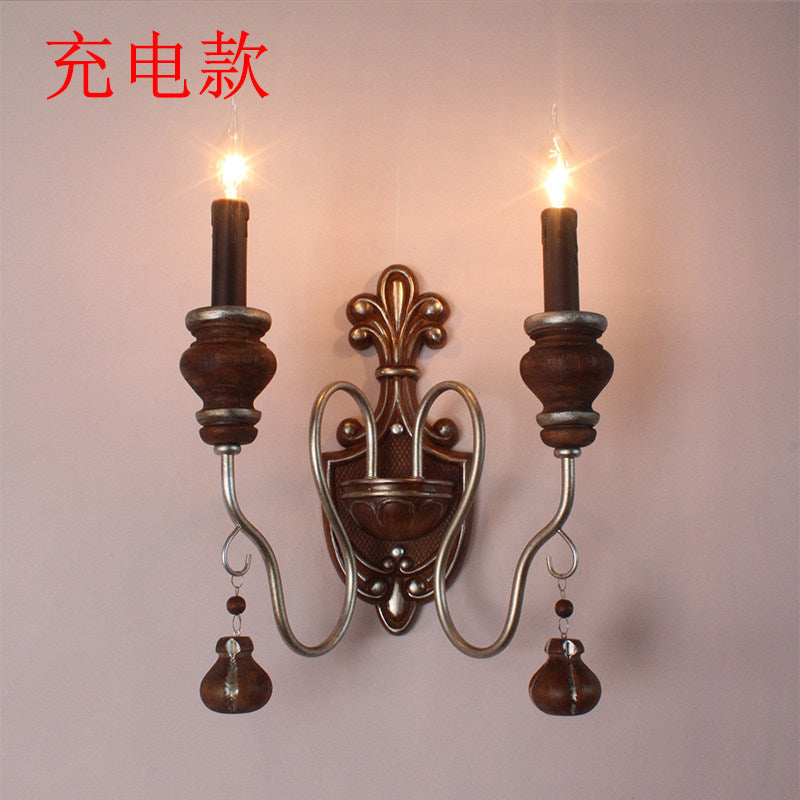 American retro wall lamp - cordless charging, solid wood, french style for living room, bedroom, bedside, hallway, stairway, candle wall sconce