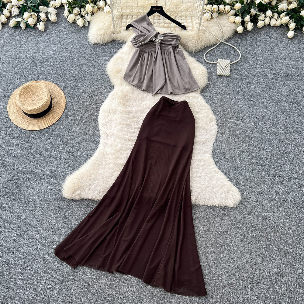 French chic halter neck one-shoulder sexy midi skirt two-piece set - women's summer slim-fit mesh fashionable elegant outfit