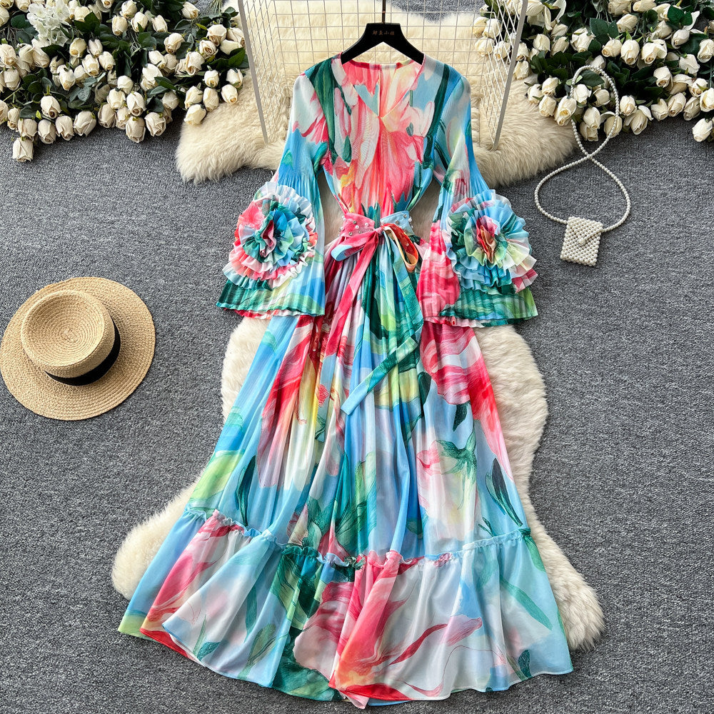 French printing women's long sleevesstereo flower v neck waist dress slimming look holiday style long skirtelegant