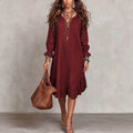 Women's vacation-ready slip dress: relaxed fit, v-neck, slit hem, ruffle trim, midi length - wholesale available