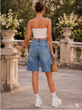 Relaxed fit, knee-length, raw hem denim bermuda shorts, high-waisted classic washed casual women's wear