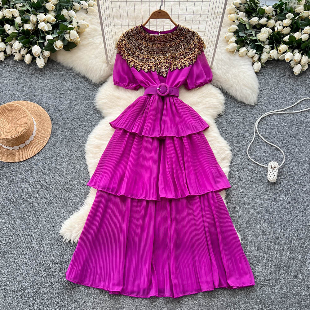 Palace style accessible luxuryclassy puff sleeve dress for women summer heavy industry sequin design beautiful elegant cake long skirt