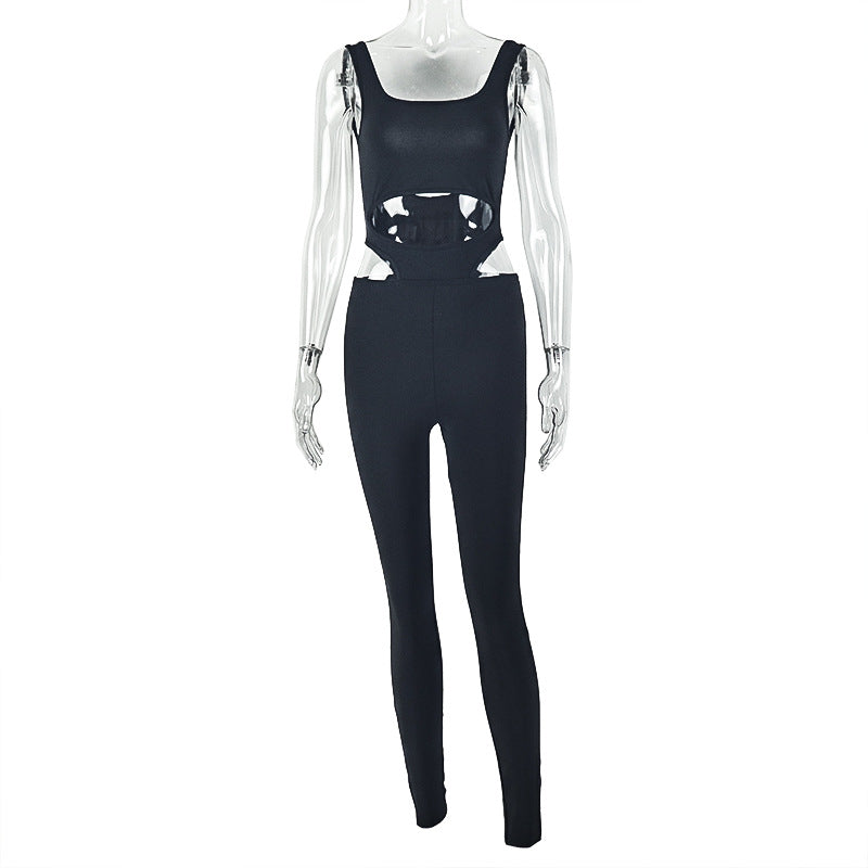 Fashion style cross-border sports pure color women's clothing hip-covering sexyeasiest for match jumpsuit cut outbackless mid-waist tight jumpsuit