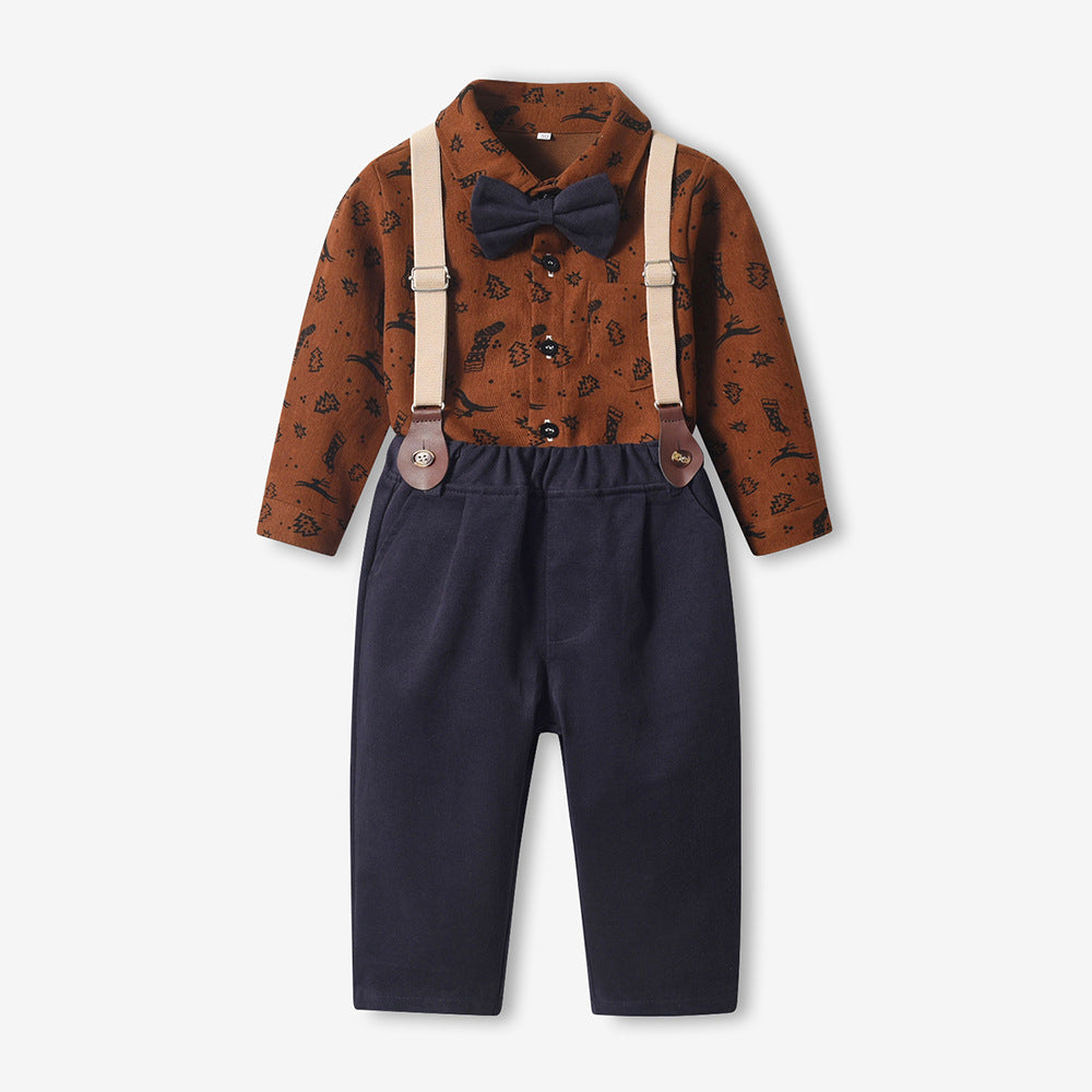 New autumn children's shirt printed christmas long sleeve bow tie mid-to-large child gentleman's formal wear set kids' clothing