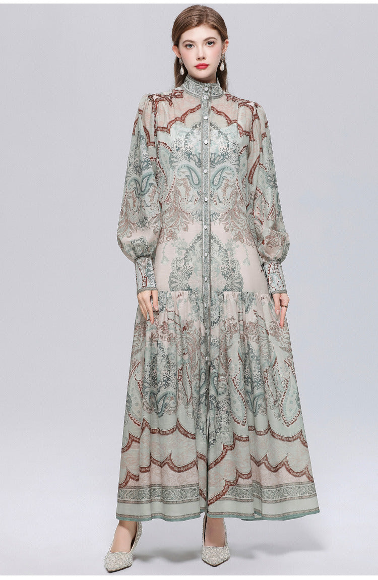 French retro print lantern sleeve dress - women's autumn korean style tie-waist slimming a-line maxi dress - commute friendly