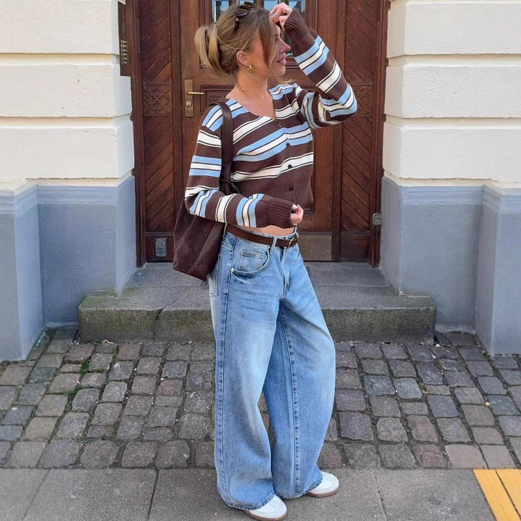 Europe, America,   25 years hot sale Spice Girl V-neck contrasting stripes single-breasted long-sleeved knitted cardigan jacket