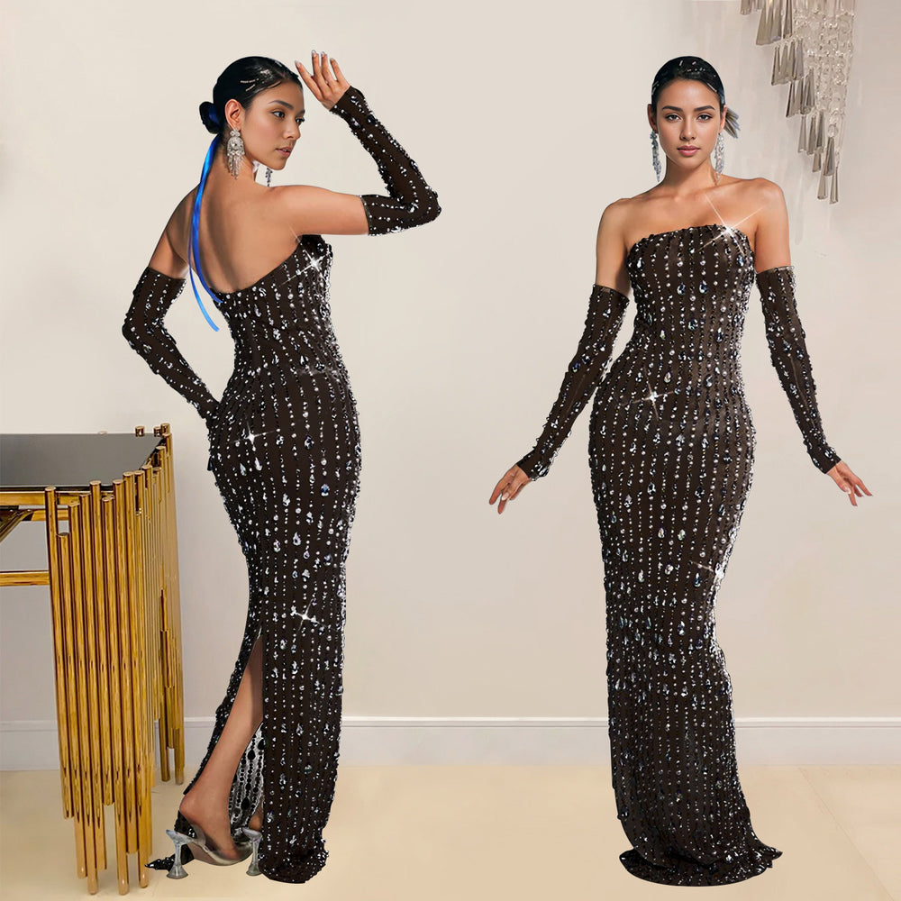 C7021 cross-border   independent station fashionfashion women's hot diamond one-line skirt dress long skirt