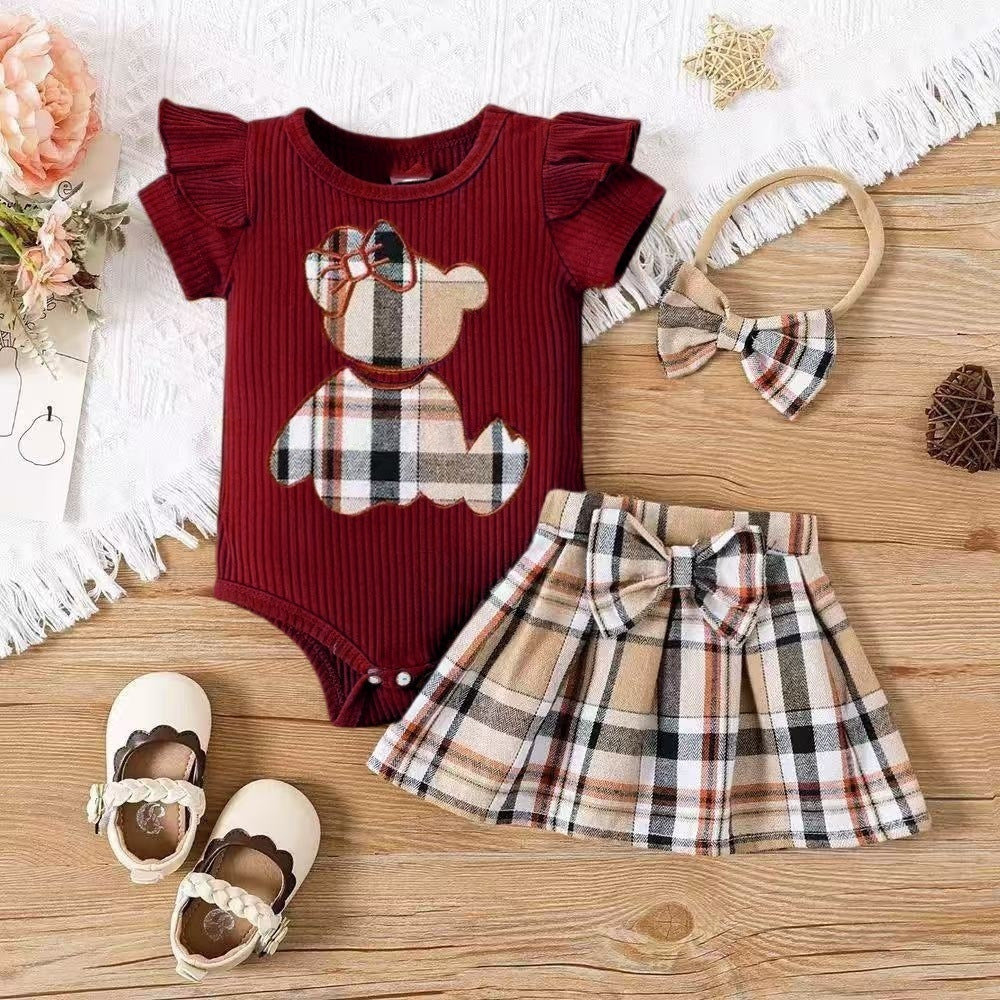 ins newborn infant baby girl summer style bear appliqué embroidered bodysuit triangle romper plaid butterfly