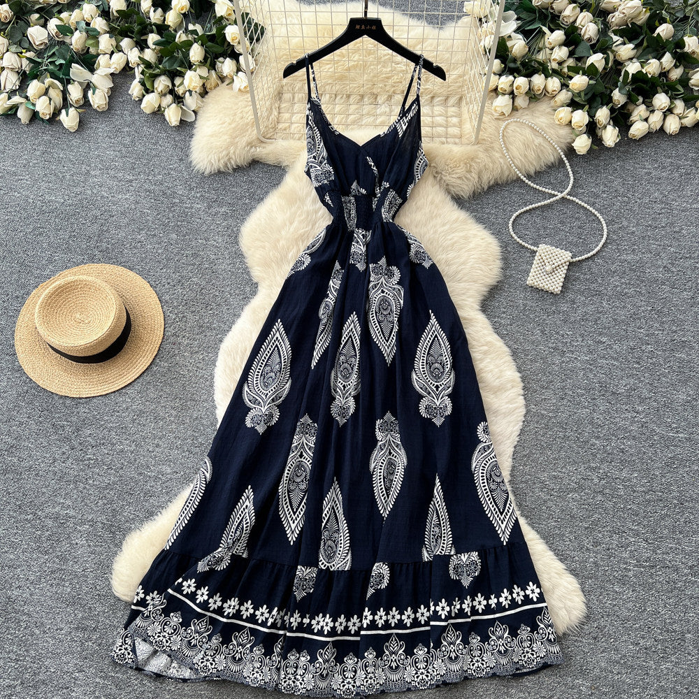 Vacation-style printed cami bohemian dress - women's summer high-waisted slimming a-line maxi dress - elegant outfit