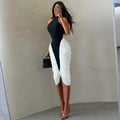European and american style women's foreign trade black and white color block fashion design bodycon dress - sleeveless halter neck maxi dress for work and casual wear