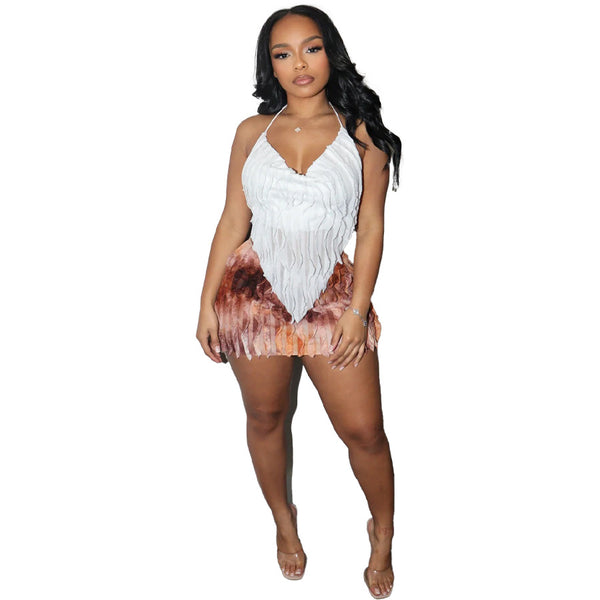 European and American style women's 2024 spring new sexy sleeveless neck straps hollow top hip-wrapped small skirt set