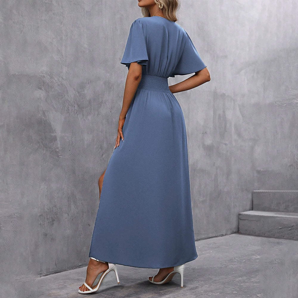 elegant deep v-neck maxi dress with side slits and ruched waist – spring  new arrival