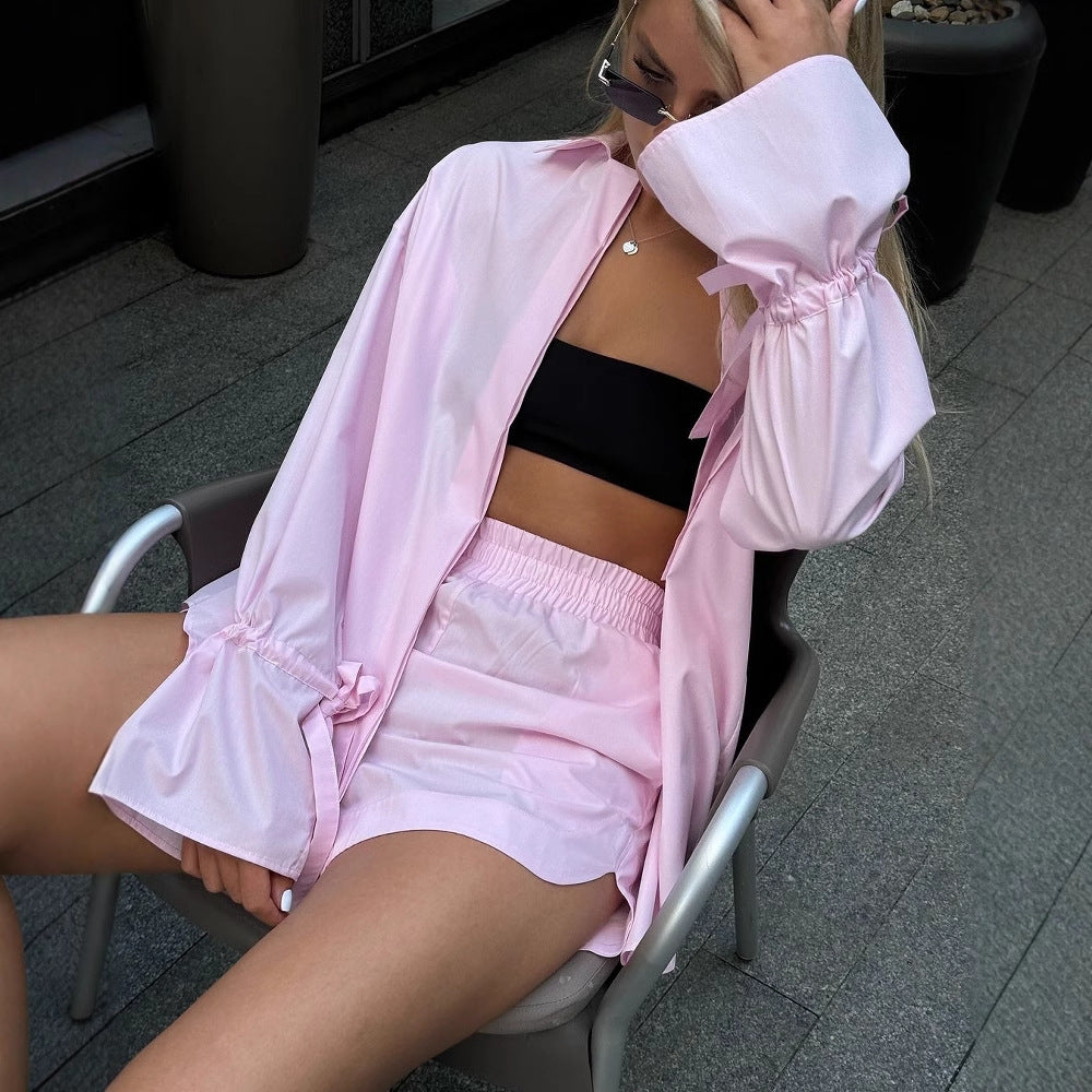 Europe and the United States  2025 spring loose casual suit women's 100% cotton lace-up petal sleeve cardigan shorts two-piece set