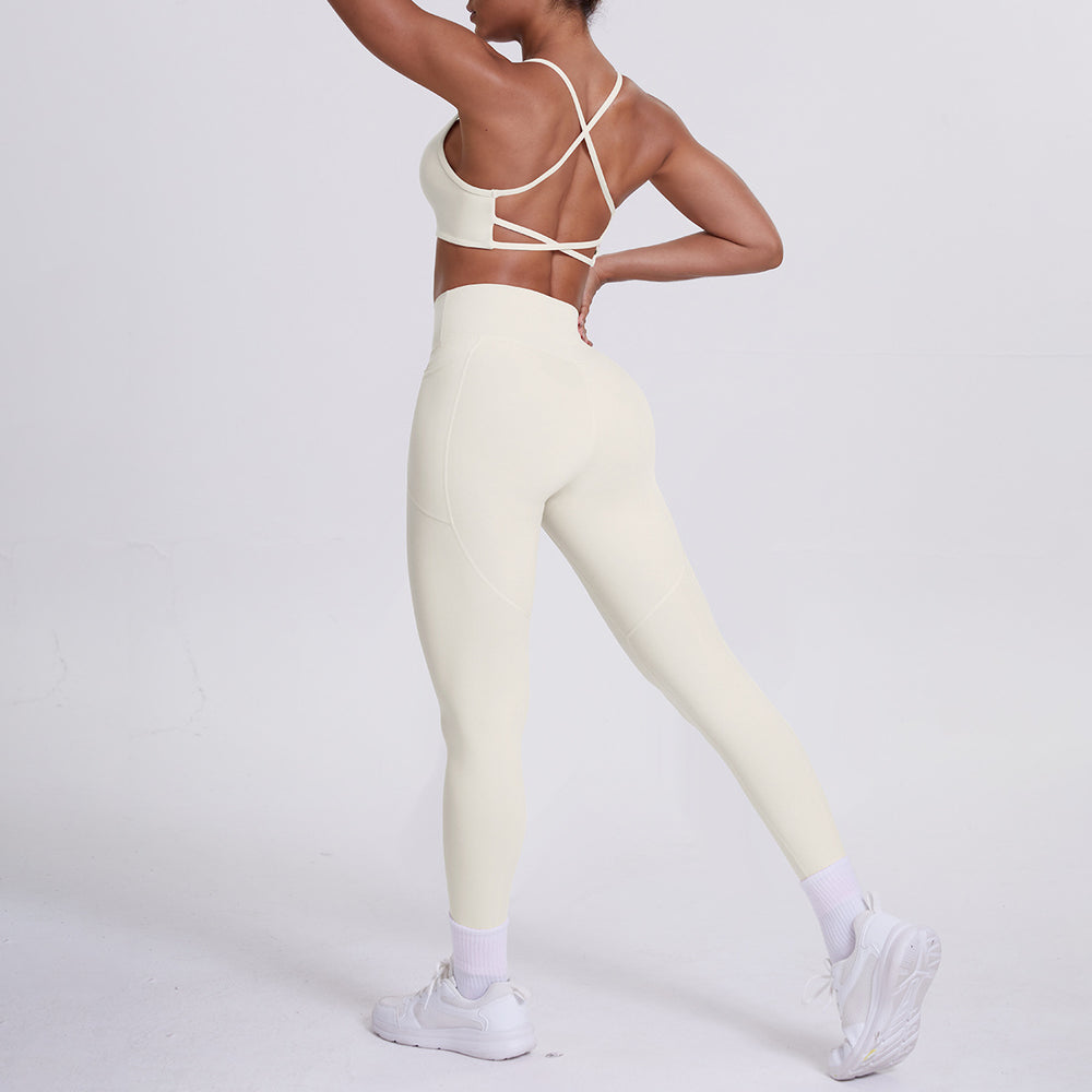 double-sided nylon beautiful back tight cross beautiful back flap pocket pants sports yoga suit running fitness two-piece set