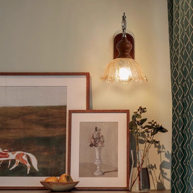 Nordic bedside wall lamp solid wood bedroom japanese bedside lamp living room corridor aisle retro american glass atmosphere