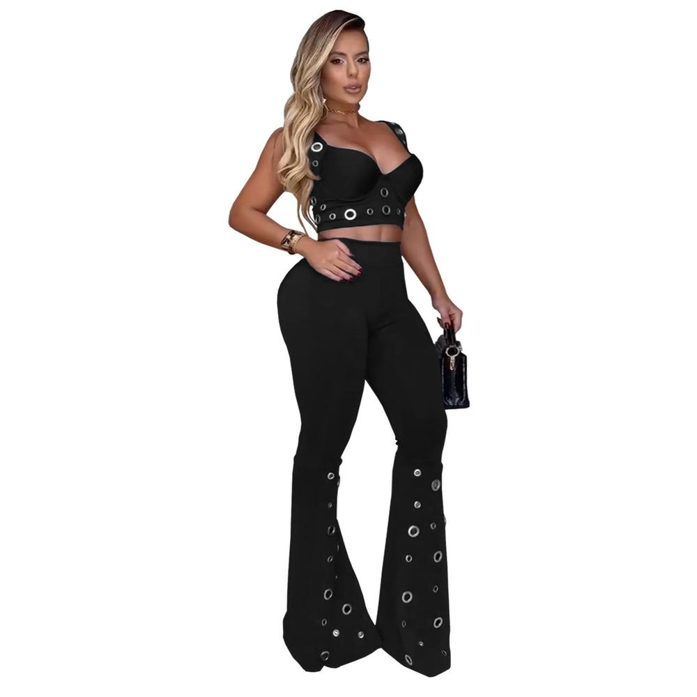 C7451 cross-border   fashion women's elegant sexy top and wide-leg pants two-piece set
