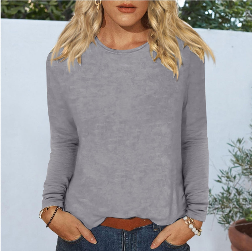 new women's casual long-sleeve solid color crew neck t-shirt for cross-border