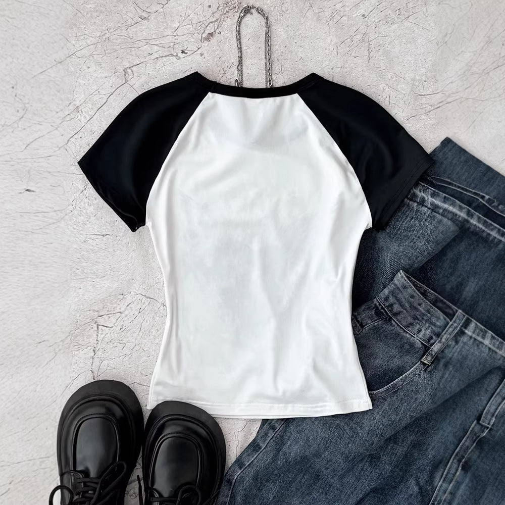 Girls' american retro fashion heart print raglan sleeve black and white color block cropped slim fit top t-shirt