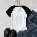 Girls' american retro fashion heart print raglan sleeve black and white color block cropped slim fit top t-shirt