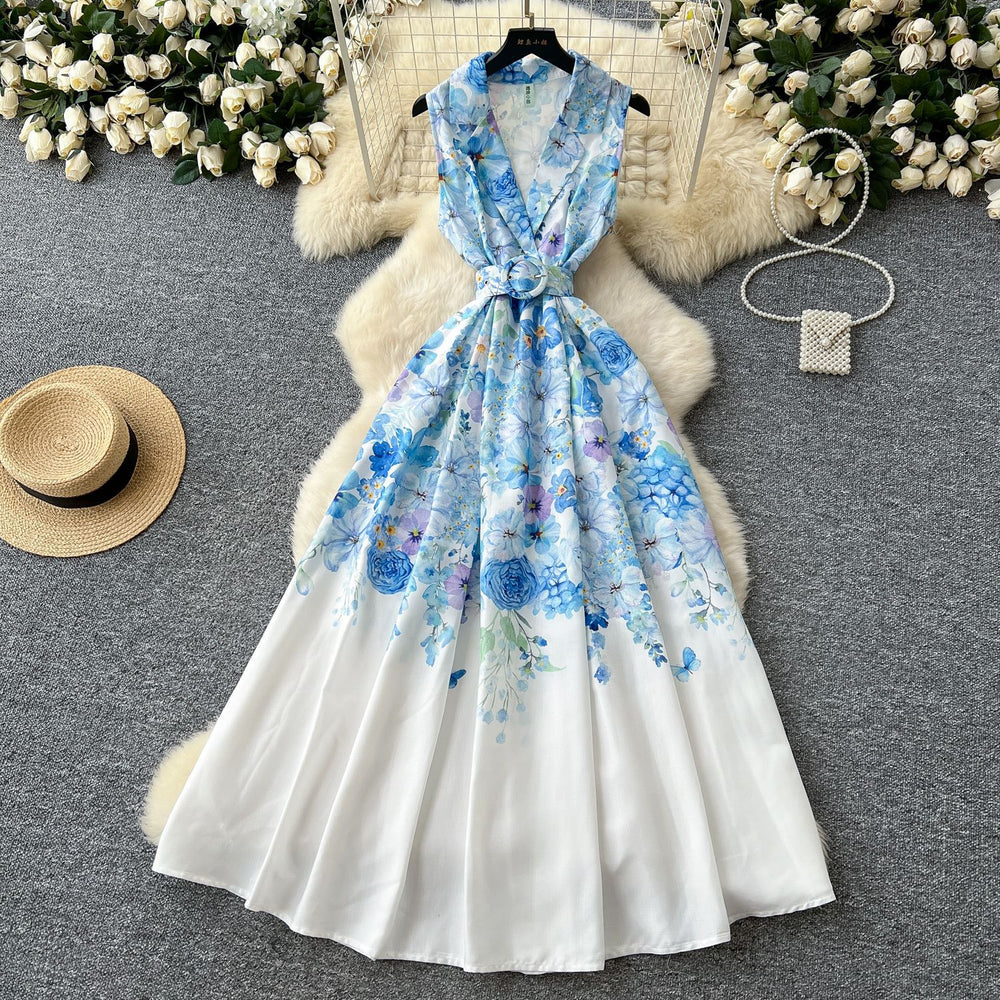spring new arrival: european and american style elegant sleeveless midi dress with notch collar, cinched waist, and floral print