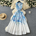 spring new arrival: european and american style elegant sleeveless midi dress with notch collar, cinched waist, and floral print