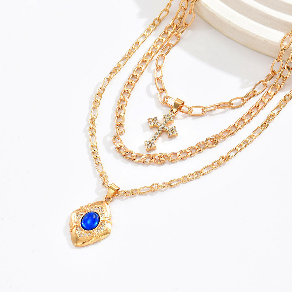 New arrivalfashionstylishniche style blue gemstone square pendant necklace retro multi-layered cross clavicle chain accessories