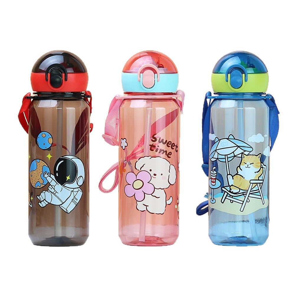 Premium flip-top plastic water bottle - perfect for kindergarten, with strap, portable, cute cartoon design, food-grade, and straw for kids