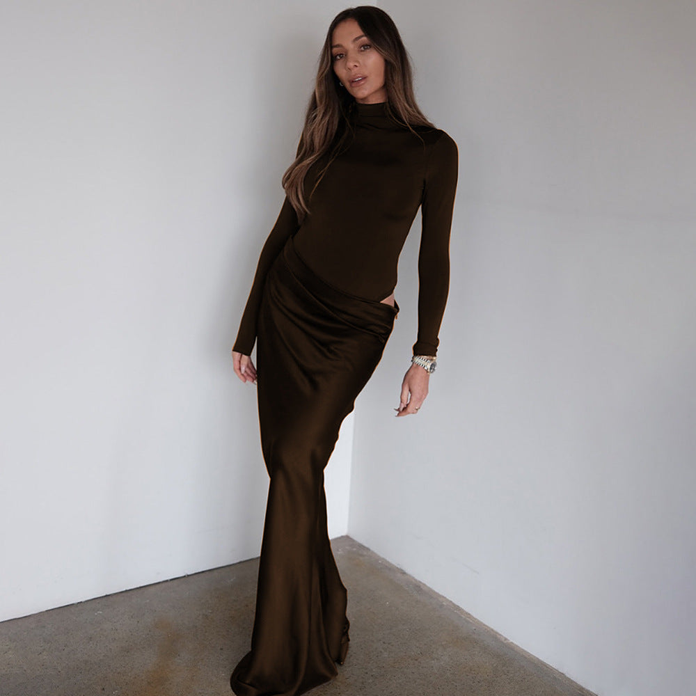 Europe and the United States  2025 summer new semi-turtleneck long-sleeved dress sexy spice slim fake two solid color long dress