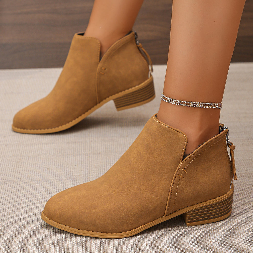 Fashionexportplus size leather boots women's boots pure colorslimming look pointed toe back zipper casualthick sole thick heel boots women's single