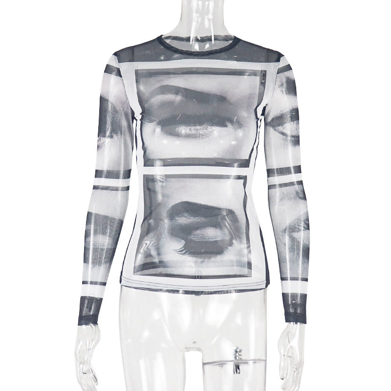 new european and american style ins women's mesh print casual slim-fit fashion streetwear t-shirt long sleeve crew neck top