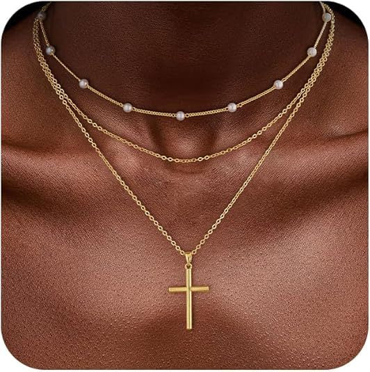 European and american cross-border new artificial pearl clavicle chain creative cross pendant necklace retro multi-layered necklace