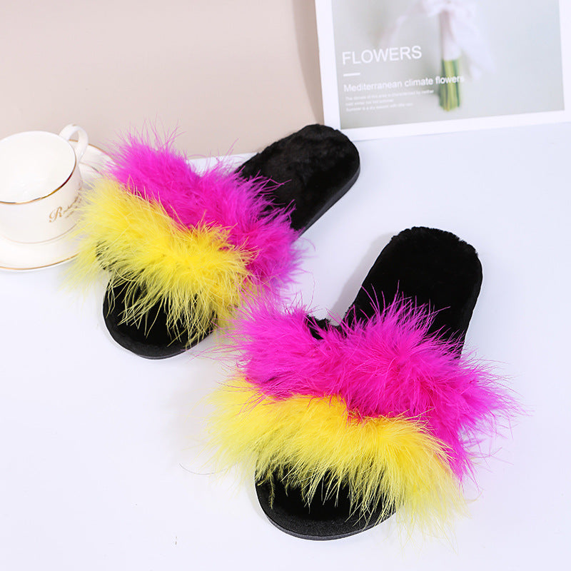 real feather turkey feather slippers one-piece slippers for women winter heattech flat heel ostrich feather slippers for women internet celebrity color matching slippers
