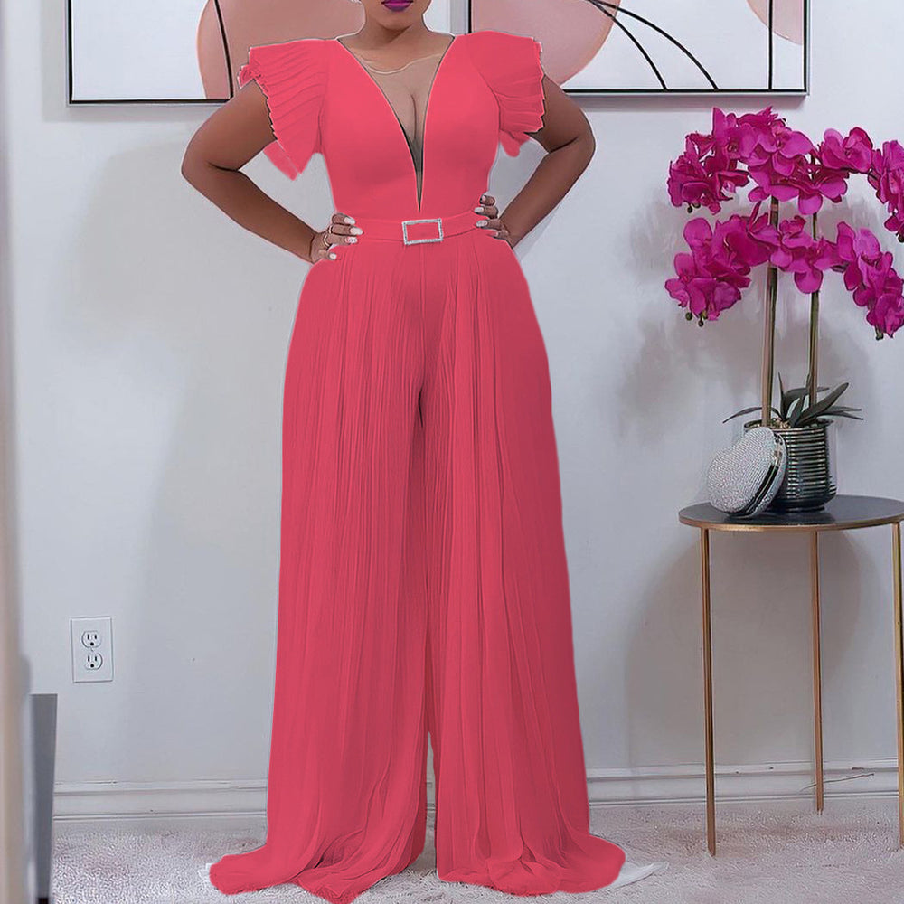 Independent station summer deep v neck see-through mesh stitching pleated waist pure color wide-leg african european and american jumpsuit