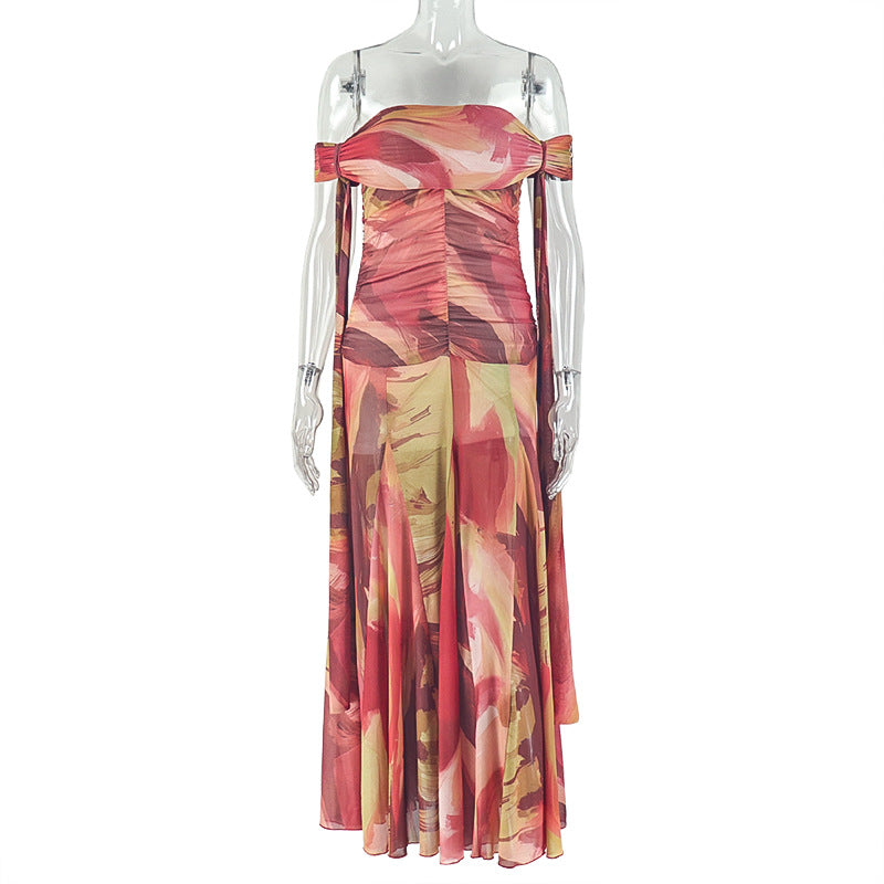 European and american style cross-border women's clothing: loose, comfortable, printed, pleated, cool, bodycon mini dress, bandeau, asymmetrical neckline, vacation maxi dress