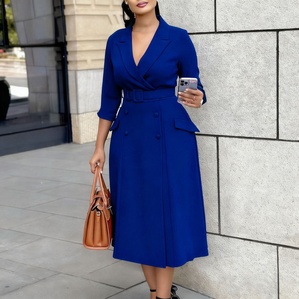D605 women's foreign trade dress,  autumn/winter new collection, fashionable long-sleeve blazer collar double-breasted midi african dress