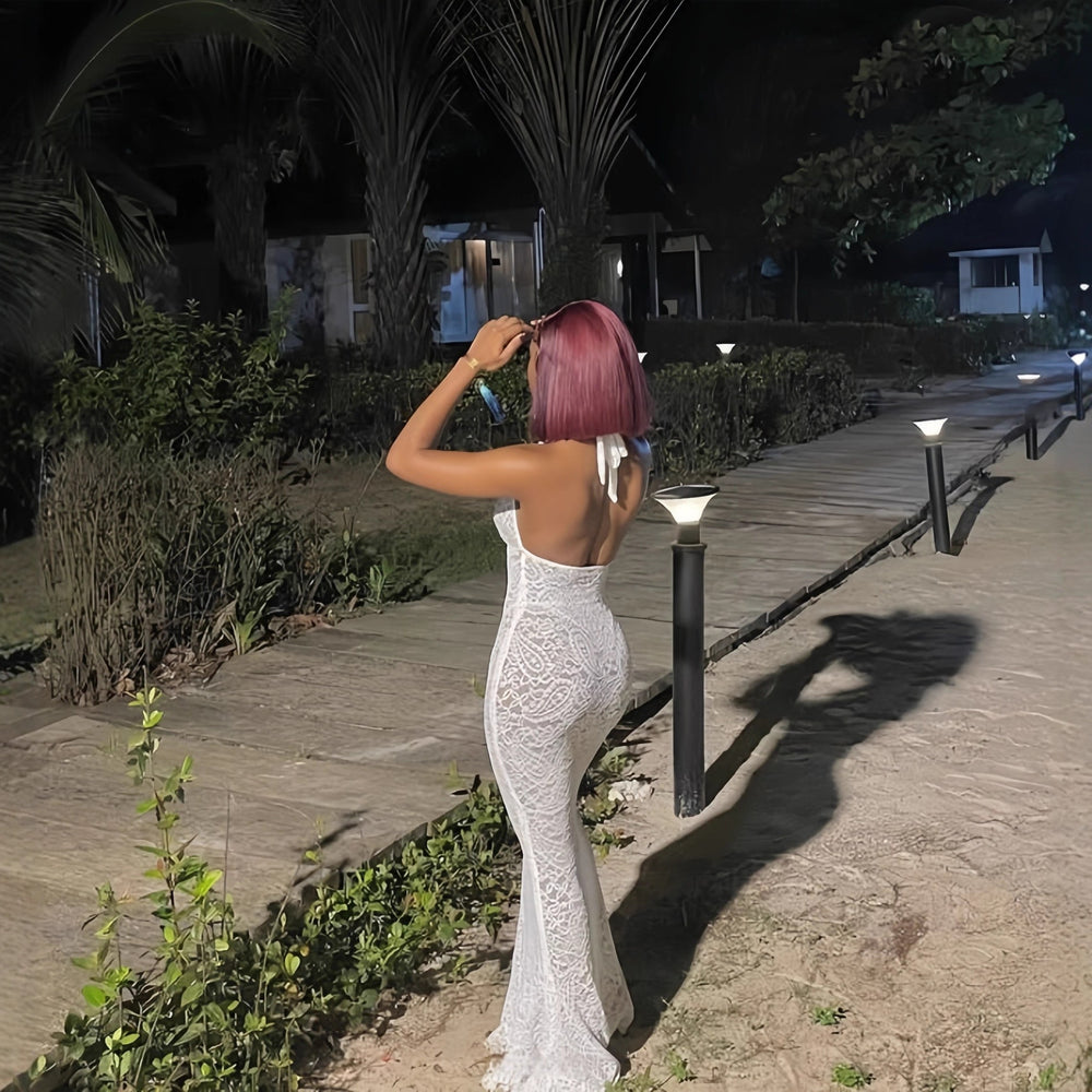 European and american cross-border women's fashion:  early winter new sleeveless halter v-neck tie-back slim-fit maxi dress