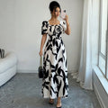 european and american new style black and white large leaf print square neck midi dress with drawstring waist and short sleeves