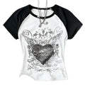 Girls' american retro fashion heart print raglan sleeve black and white color block cropped slim fit top t-shirt